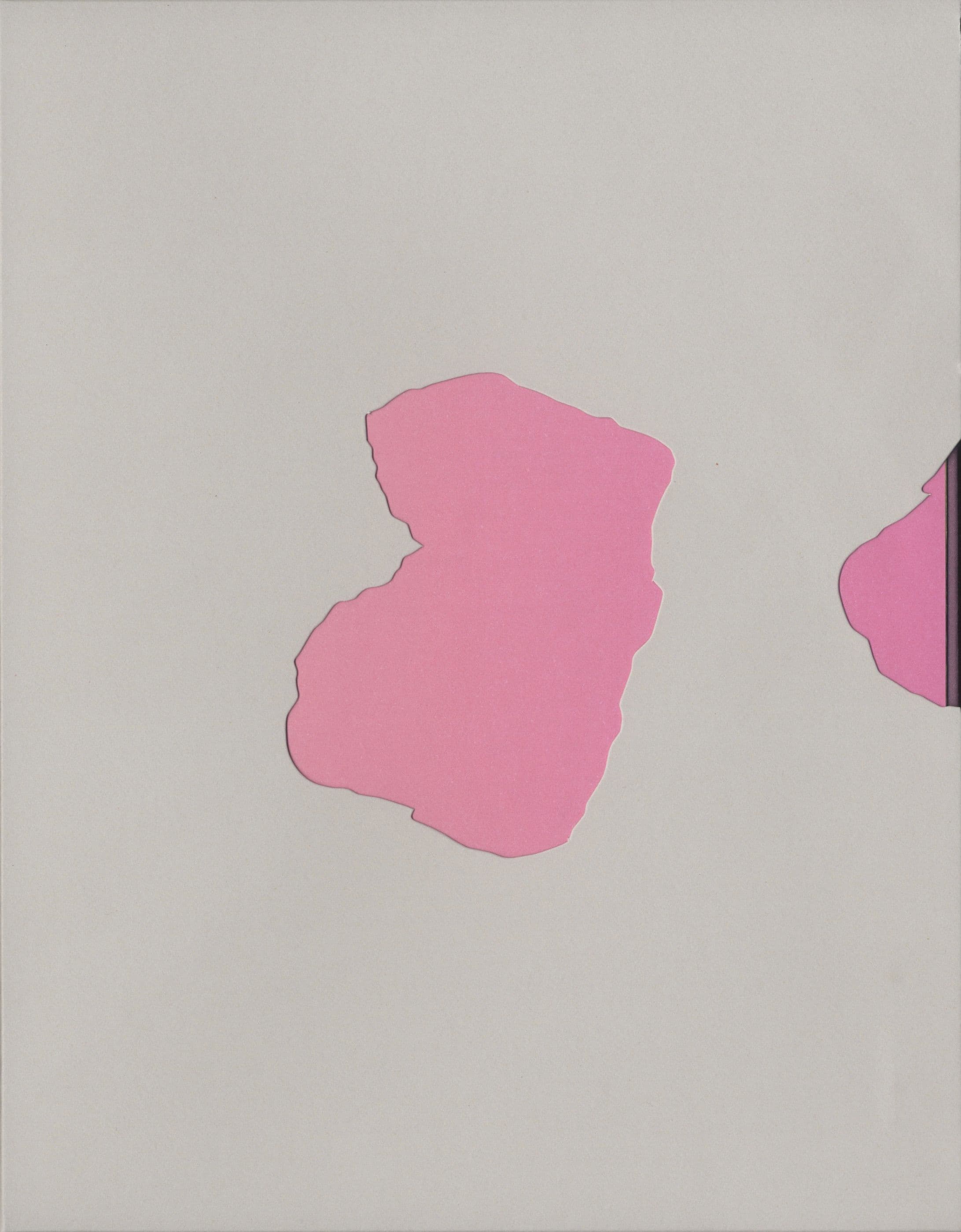 Abstract pink shapes on a light grey background with soft edges and varying sizes.