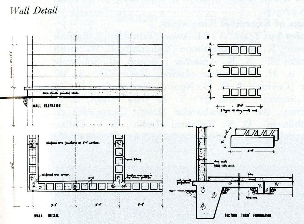 Detailed architectural drawings illustrating wall elevation, foundation, and precast slab sections.