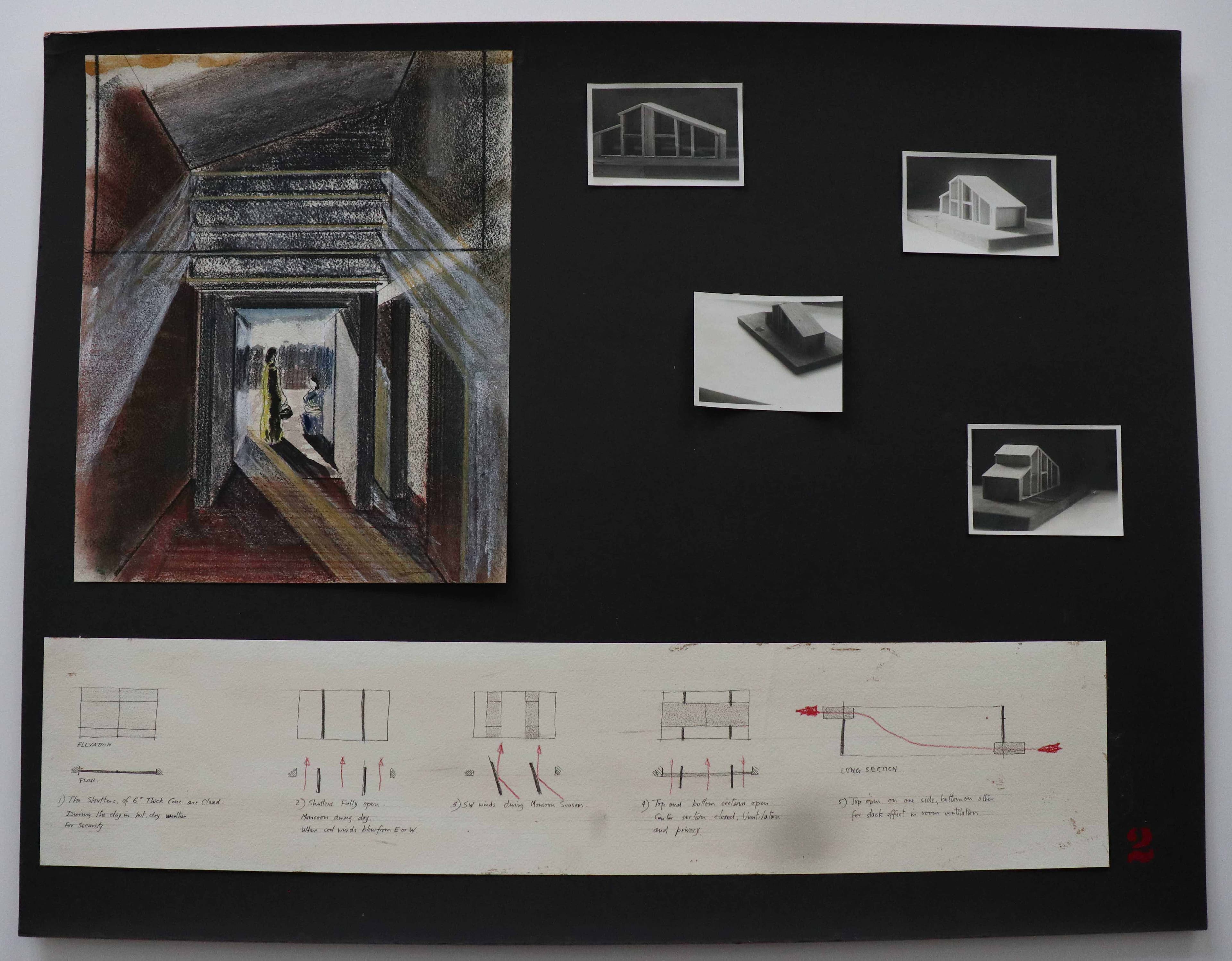 A framed painting of a dark architectural corridor with light at the end, surrounded by small architectural photographs and technical drawings.
