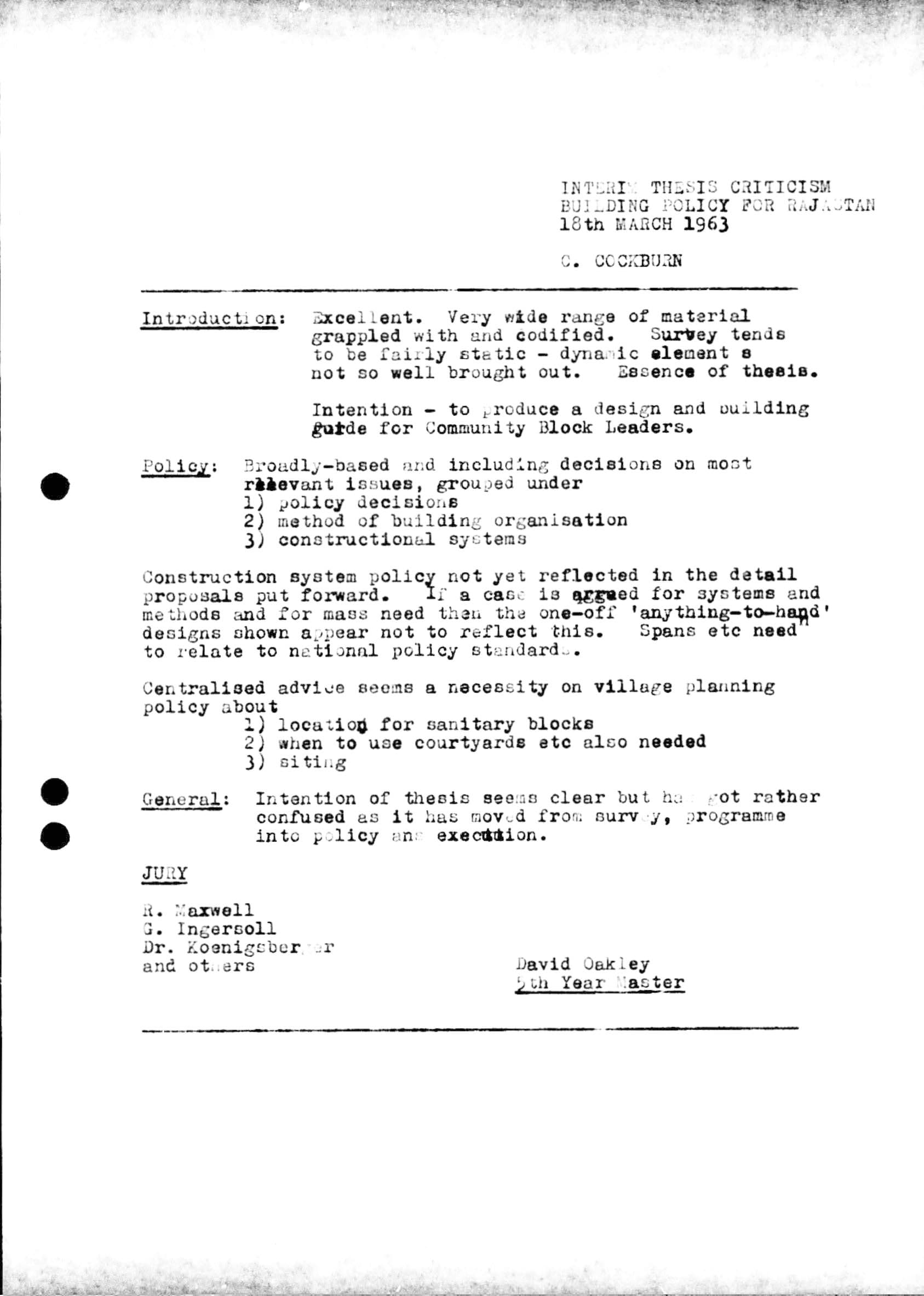 Interim Thesis Criticism for Charles Cockburn, ‘Building Policy for Rajasthan’, 18th March, 1963. AA Archives