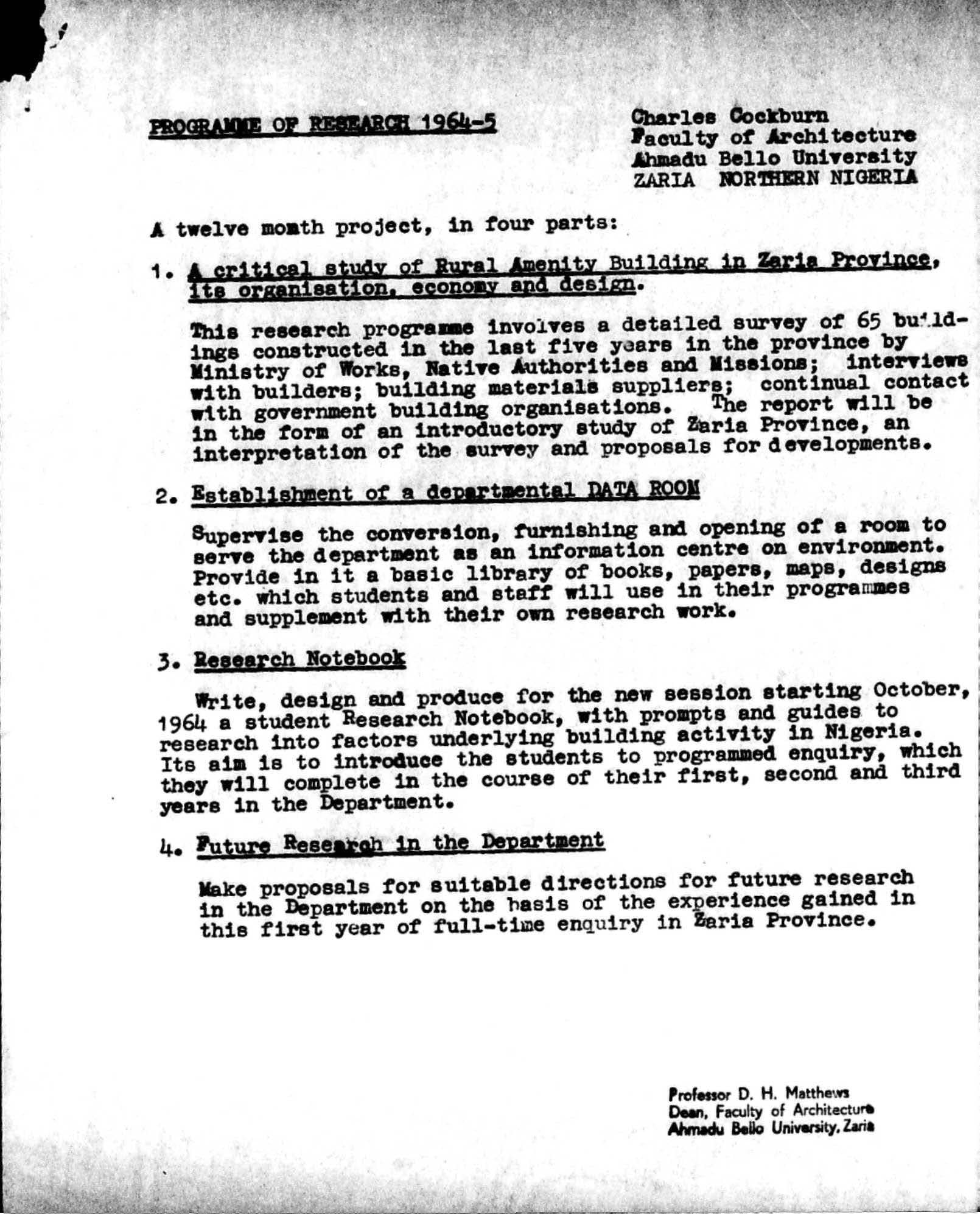 Annex to letter to William Allen, AA Principal, from Prof. D.H. Matthews, Dean of Ahmadu Bello University Faculty of Architecture, Nigeria, 2nd December, 1964