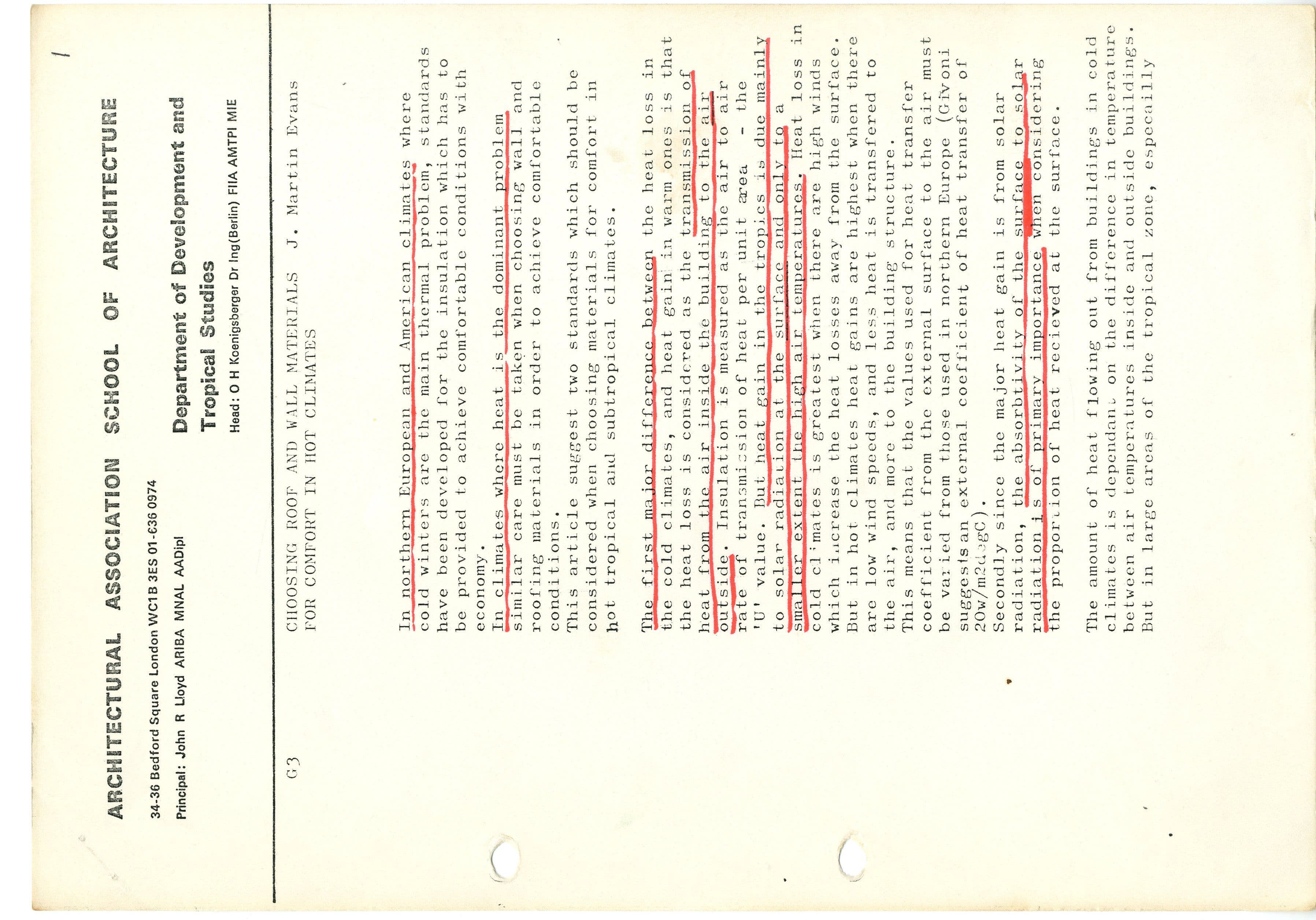 A document from the Architectural Association School, Department of Development and Tropical Studies, with highlighted text.