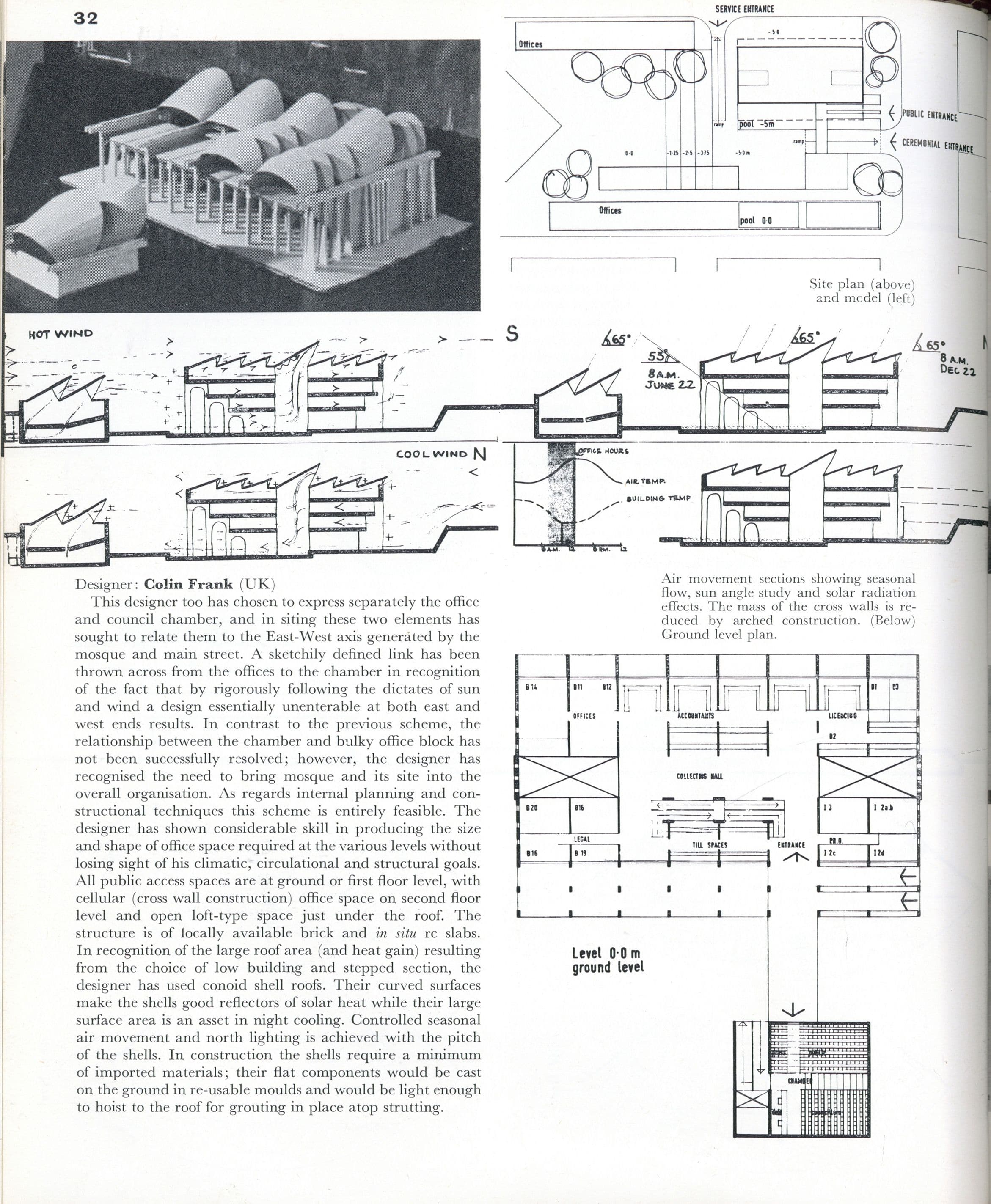 Architectural model of a building with vaulted roofs, technical drawings, and floor plans.
