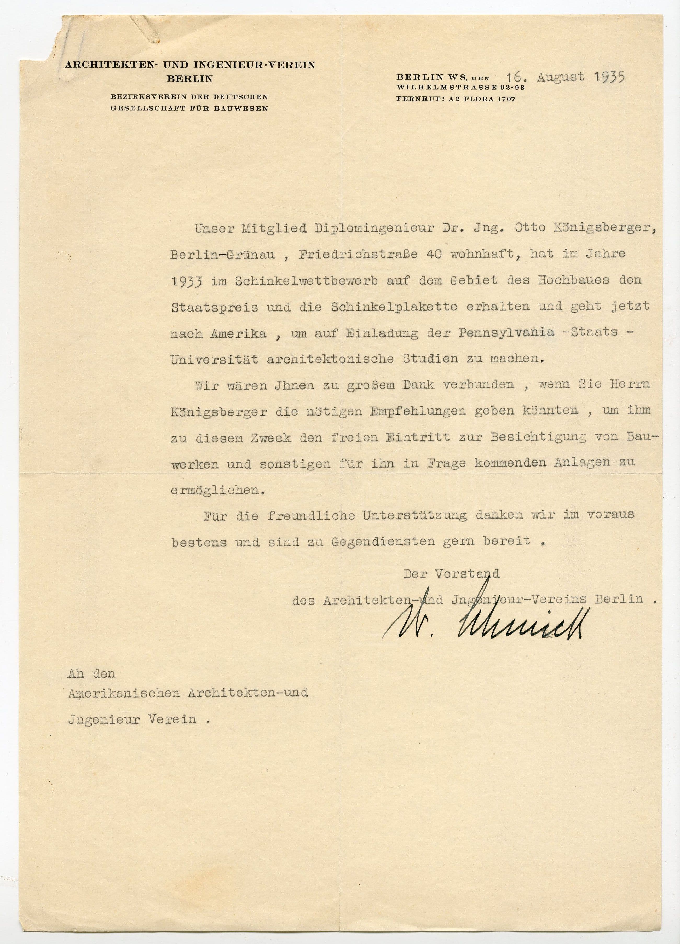 Otto Koenigsberger. Letter of introduction to Otto Koenigsberger, from the board of diretors the Architekten-Und Ingenieur-Verein, 1935. The letter states Koenigsberger's background and requests assistance and admission to buildings and facilities. Credit: AA Archives: OK4