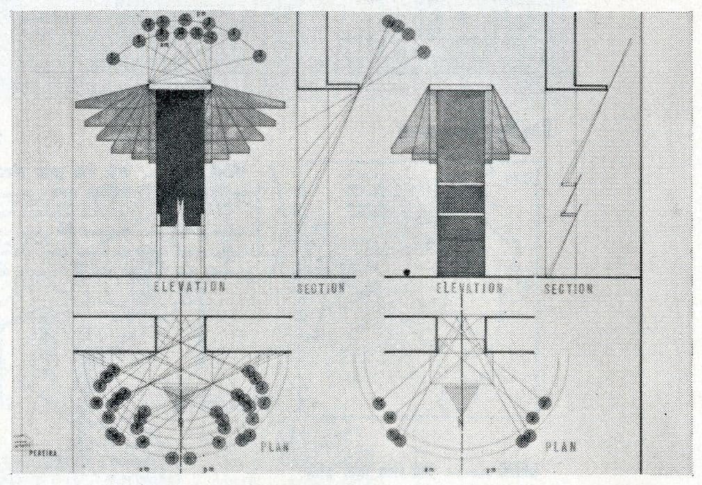 Detailed architectural blueprints illustrate four technical views of an innovative winged design.