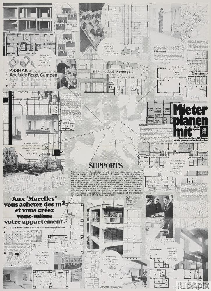 'Supports': poster showing several housing developments in western Europe demonstrating the concept of 'Supports' in housing design, 1976, Hamdi, Nabeel