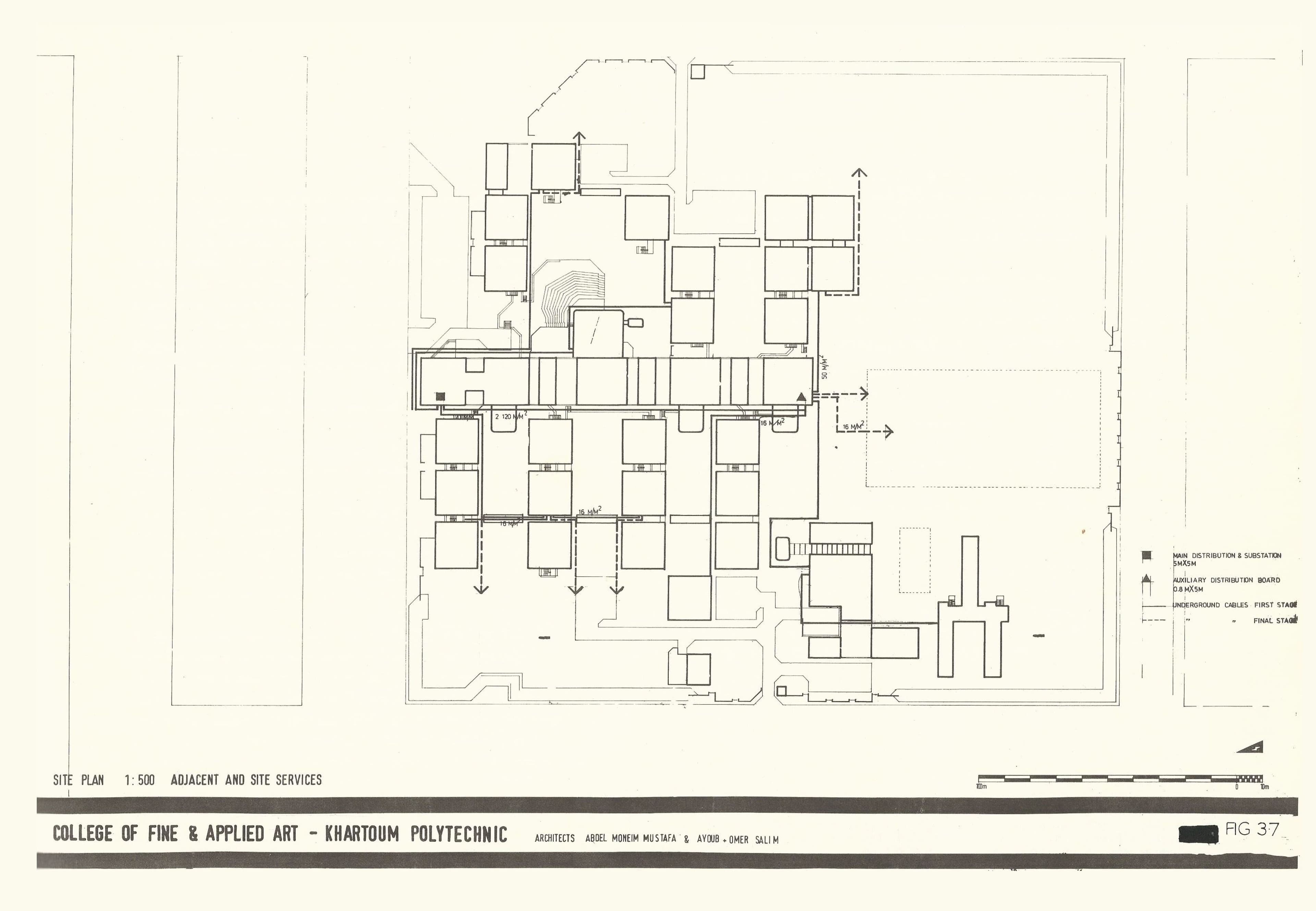 Omer Salim, Abdel-Moneim Mustafa and Mohammed Hassan Ayoub; Khartoum Polytechnic Complex, College of Fine and Applied Art, Sudan 1978. Adjacent and site services. Omer Salim, Abdel-Moneim Mustafa and Mohammed Hassan Ayoub; Khartoum Polytechnic Complex, College of Fine and Applied Art, Sudan 1978. Adjacent and site services.  Canadian Centre for Architecture:, Wikimedia Creative Commons Attribution-Share Alike 4.0 International license