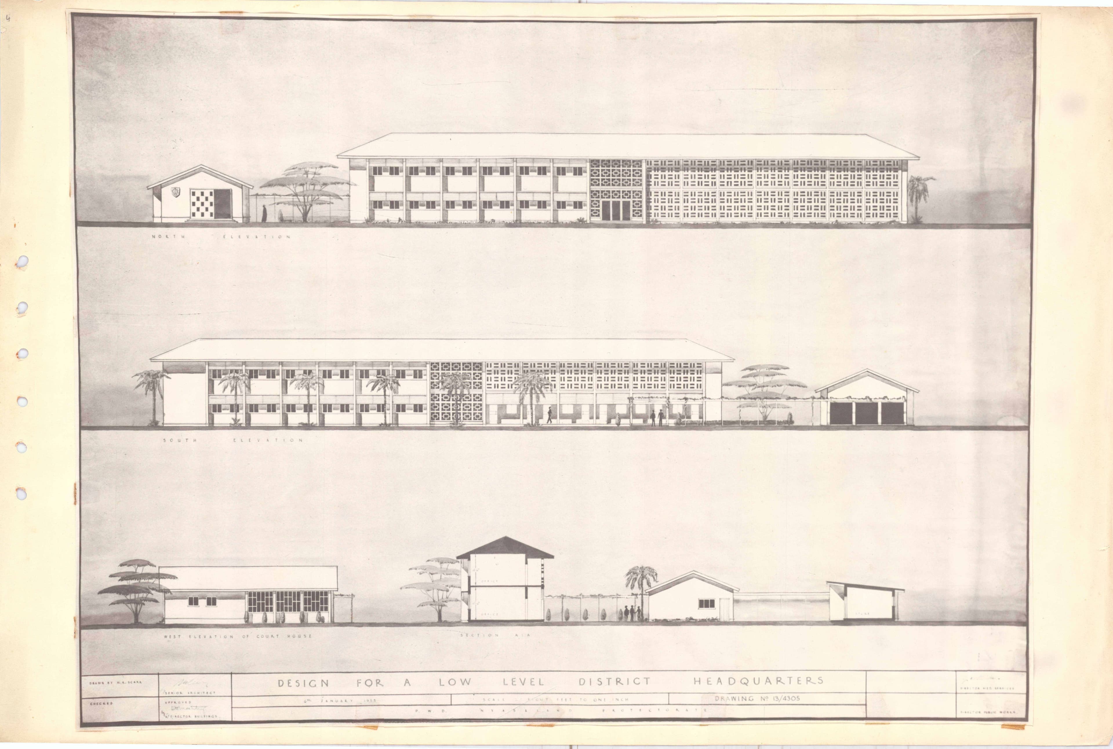 Architectural drawing showing three elevations of a long, multi-story building with smaller surrounding structures.
