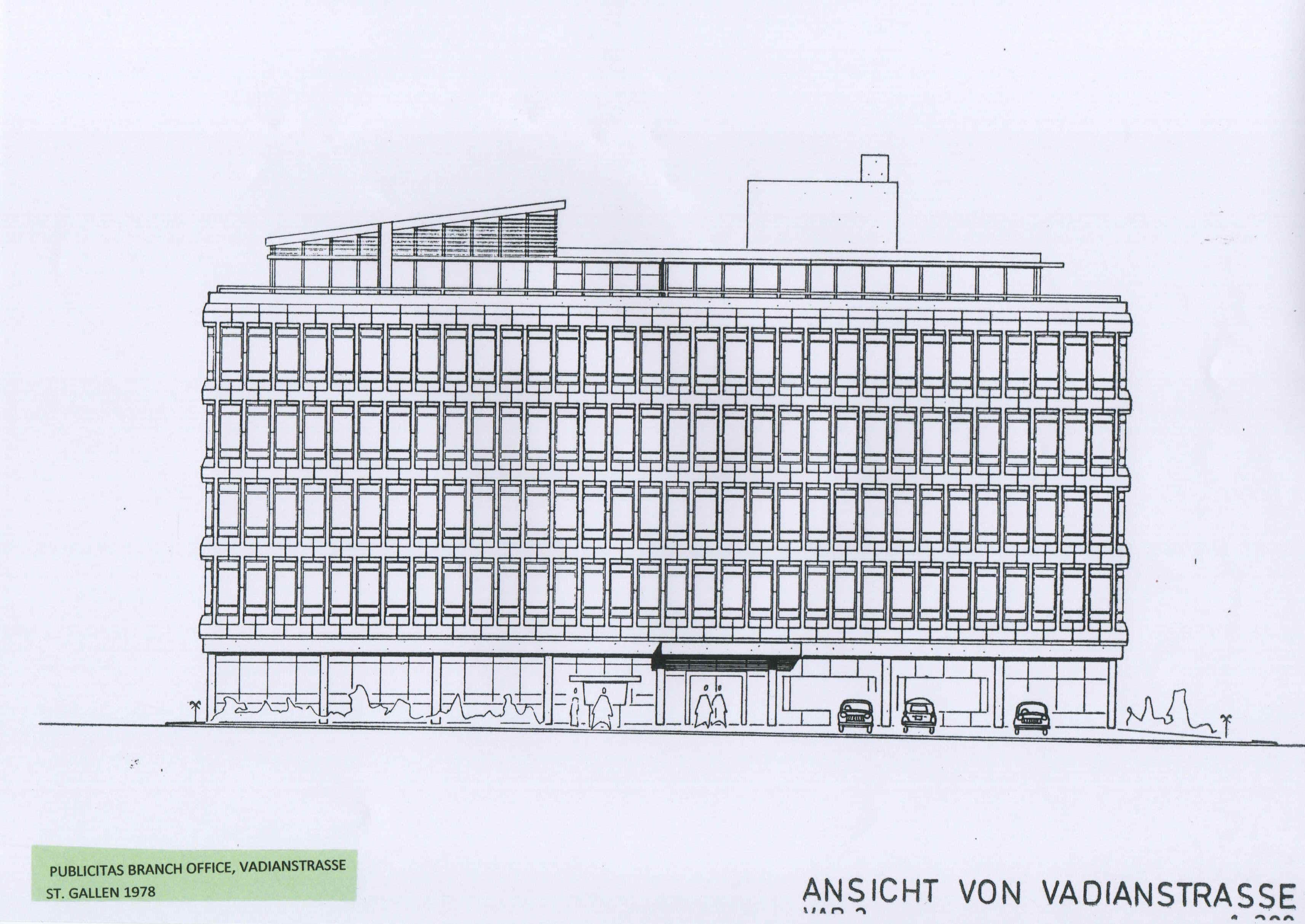 John Steerwood (for Danzeisen + Voser), Publicitas Branch Office, St Gallen, Switzerland, 1979. Elevation.