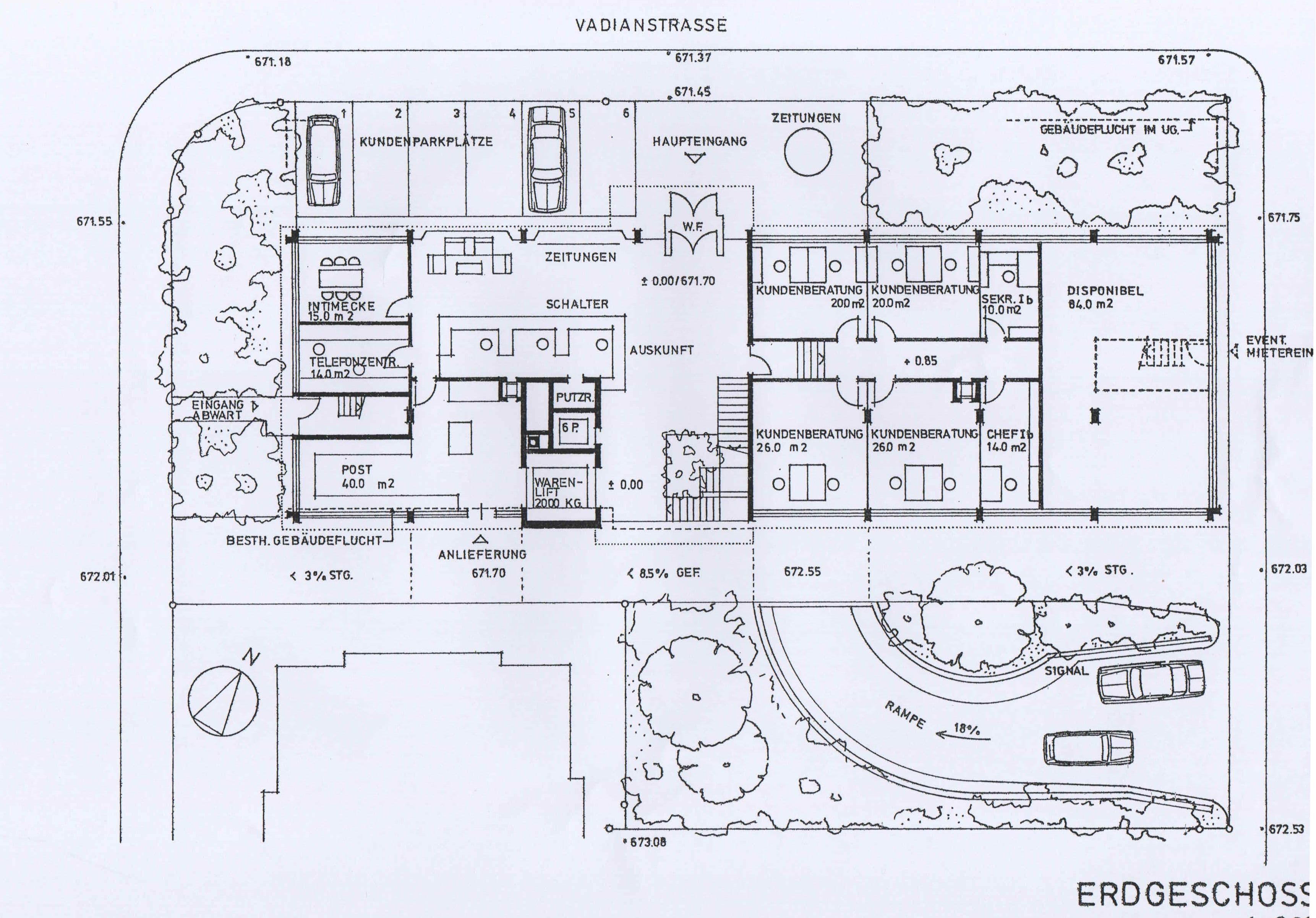 John Steerwood (for Danzeisen + Voser), Publicitas Branch Office, St Gallen, Switzerland, 1979. Ground floor plan.