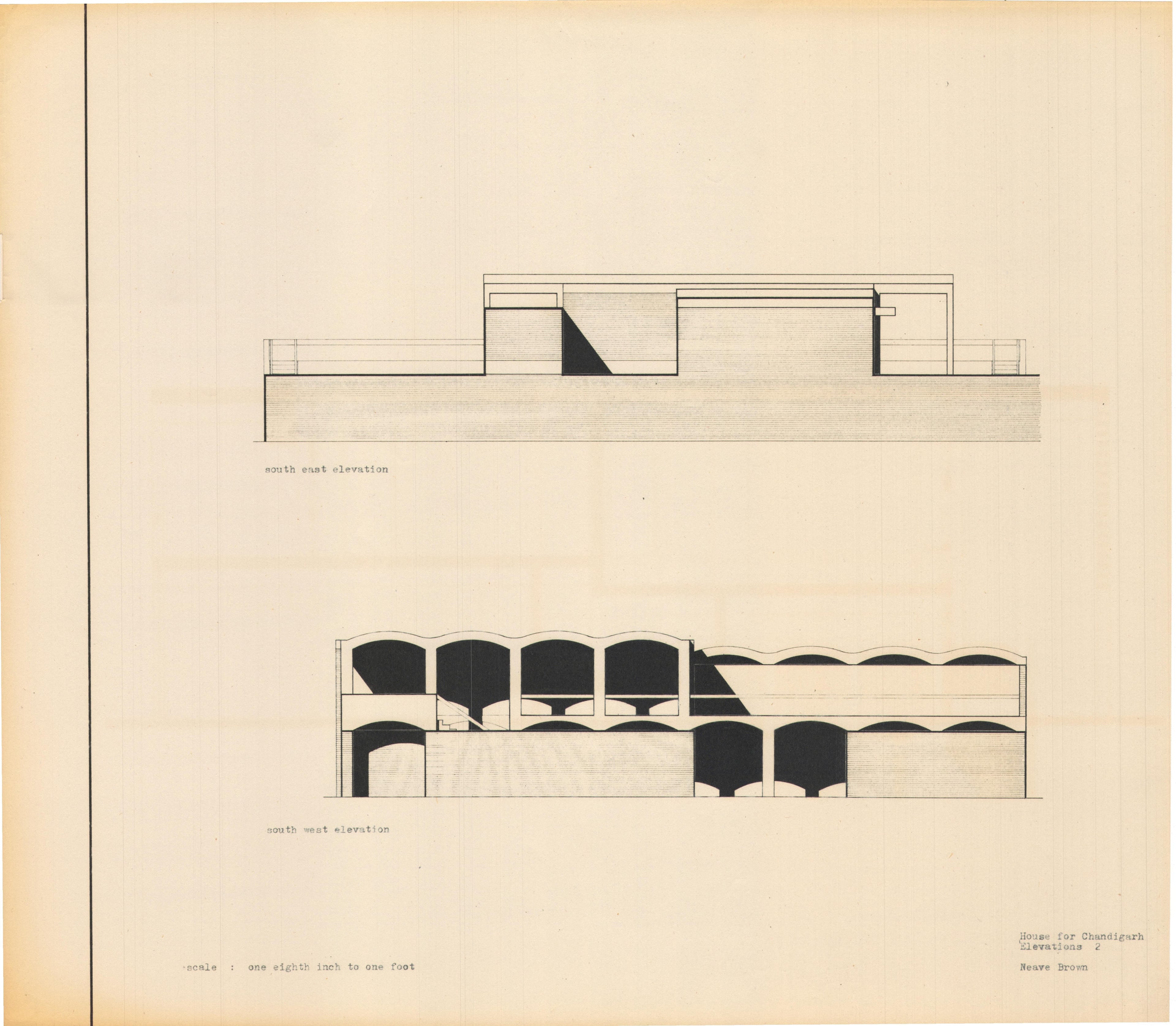 Neave Brown, 'House for Chandigarh, India: South-East and South-West Elevations', AA Department of Tropical Architecture, 1954-1955. AA Archives.