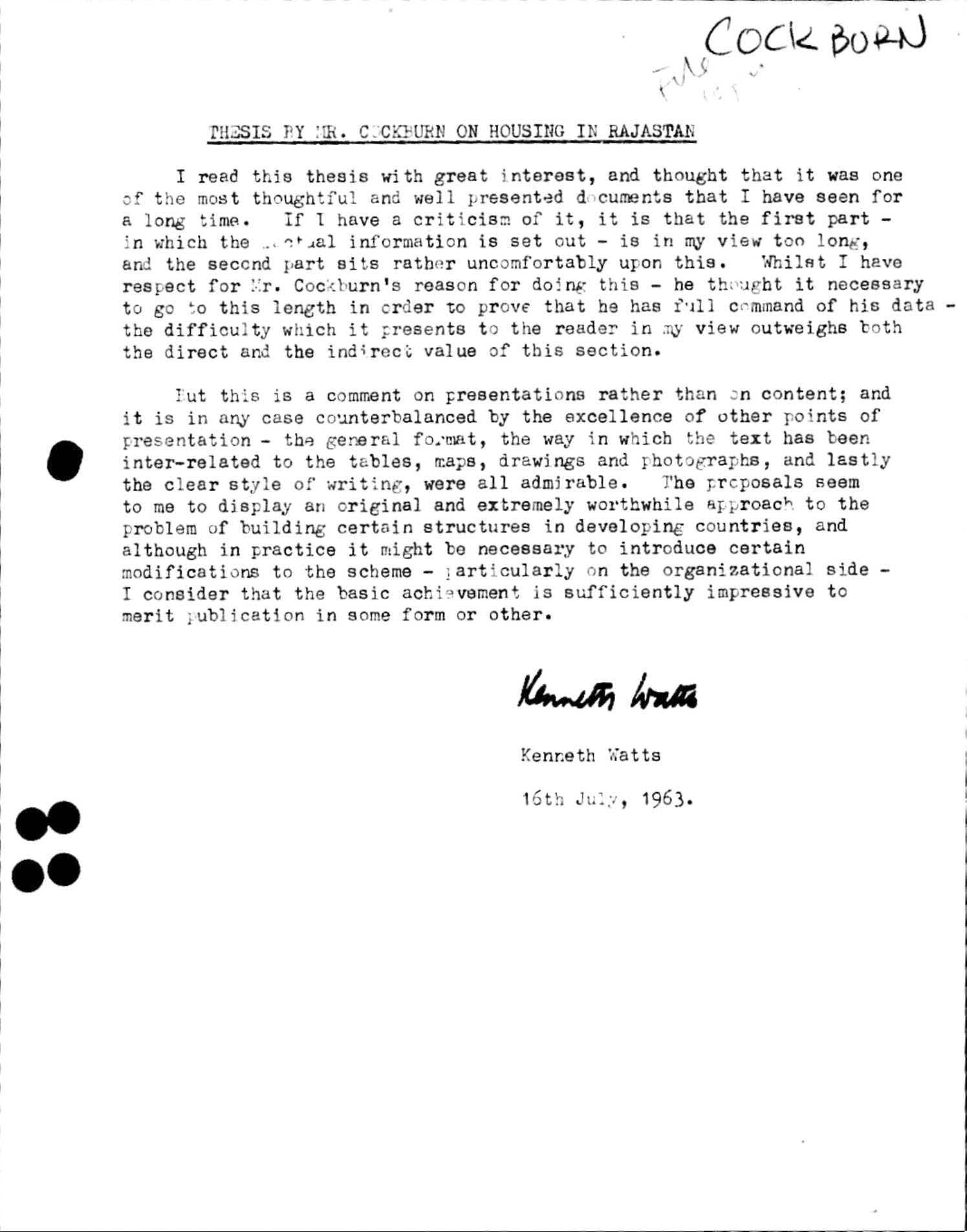 Critical Assessment by Kenneth Watts, Charles Cockburn thesis 'Rajastan Housing', 16th July, 1963. AA Archives