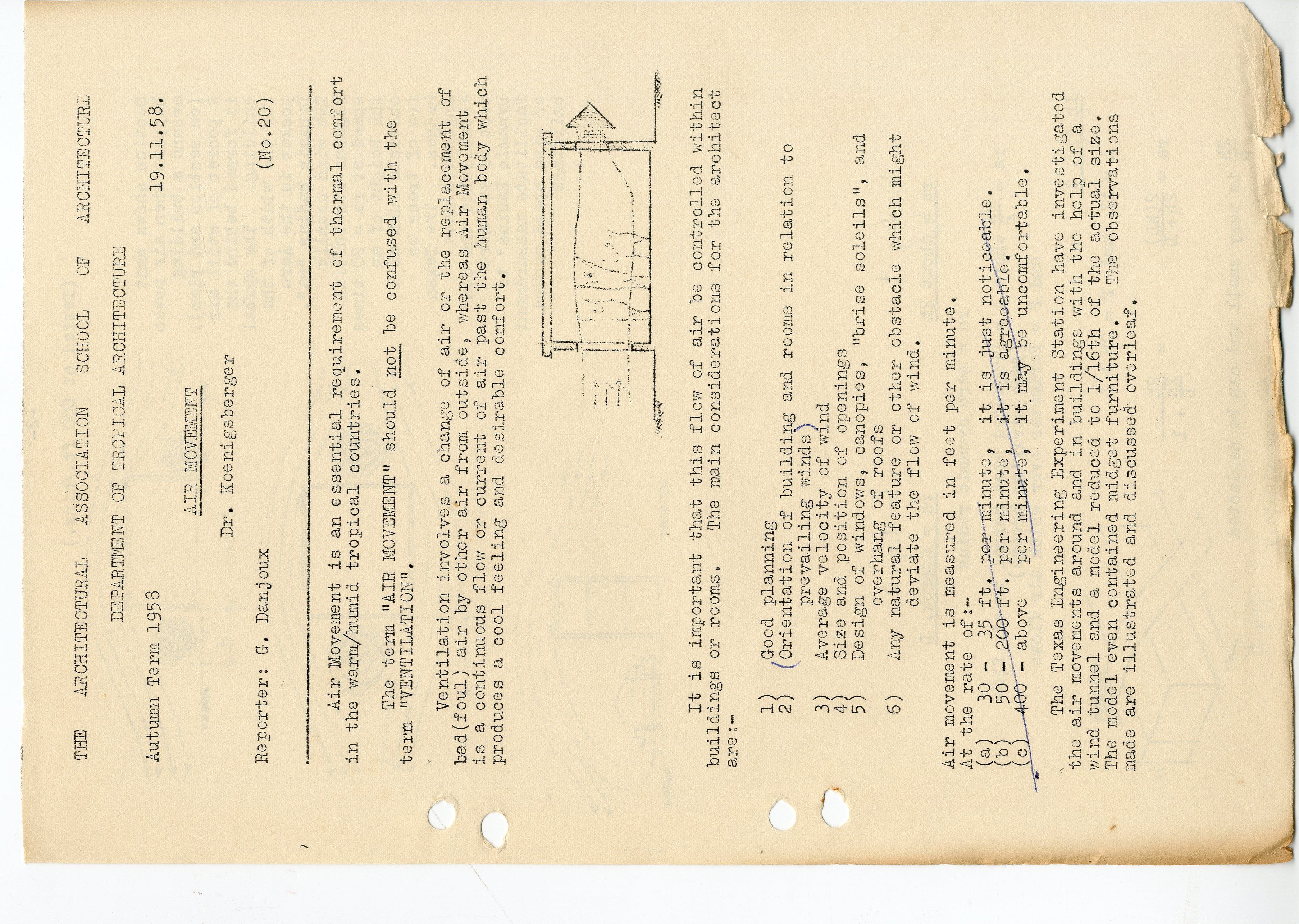 Faded, yellowed document page with typed text and a small architectural diagram.