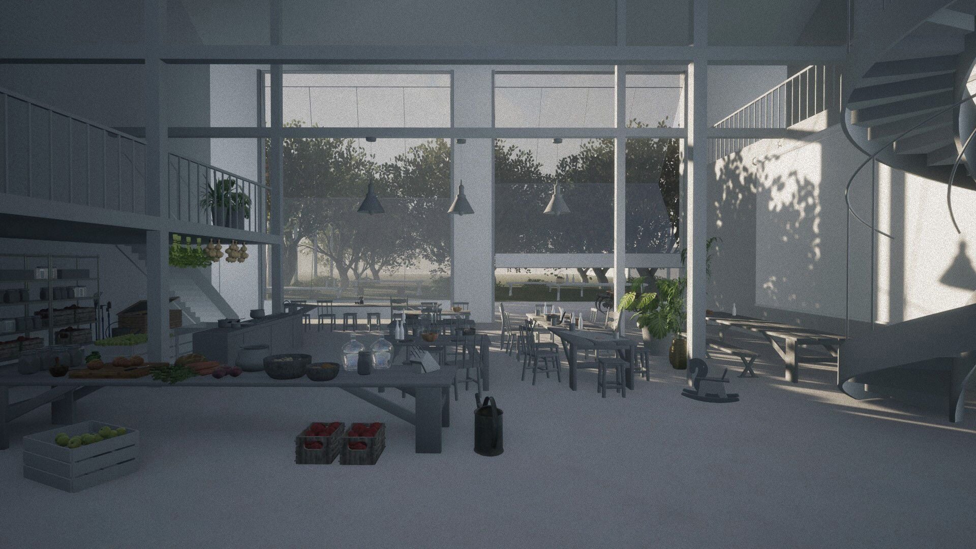 A spacious open-plan loft interior with large windows, dining tables, and chairs.