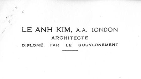Business card for Le Anh Kim, AA London Architecte, diplomé par le gouvernement.