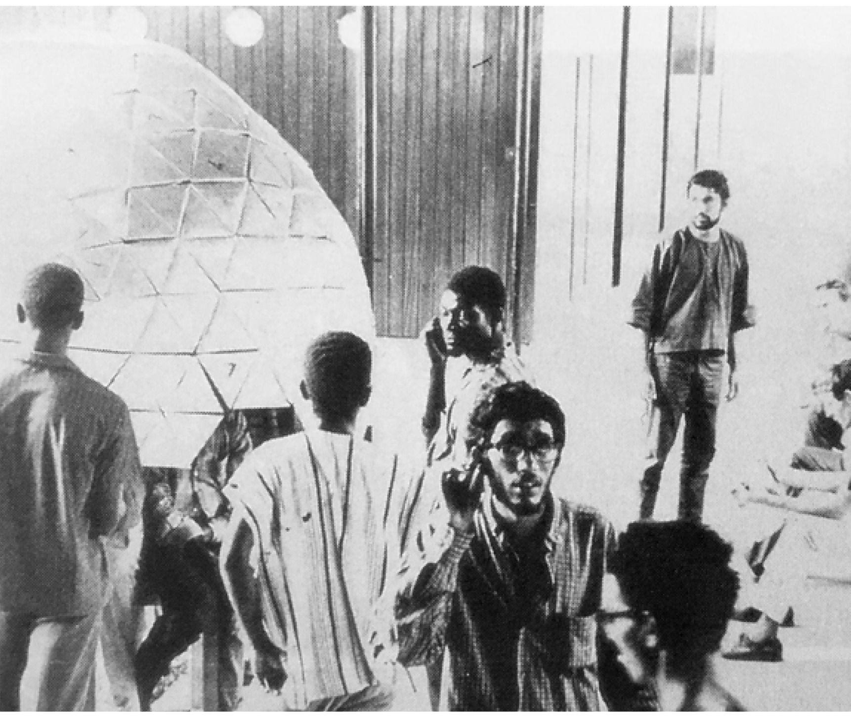 Kamil Khan Mumtaz (standing, right) with geodesic dome at KNUST, Kumasi, Ghana c.1965.