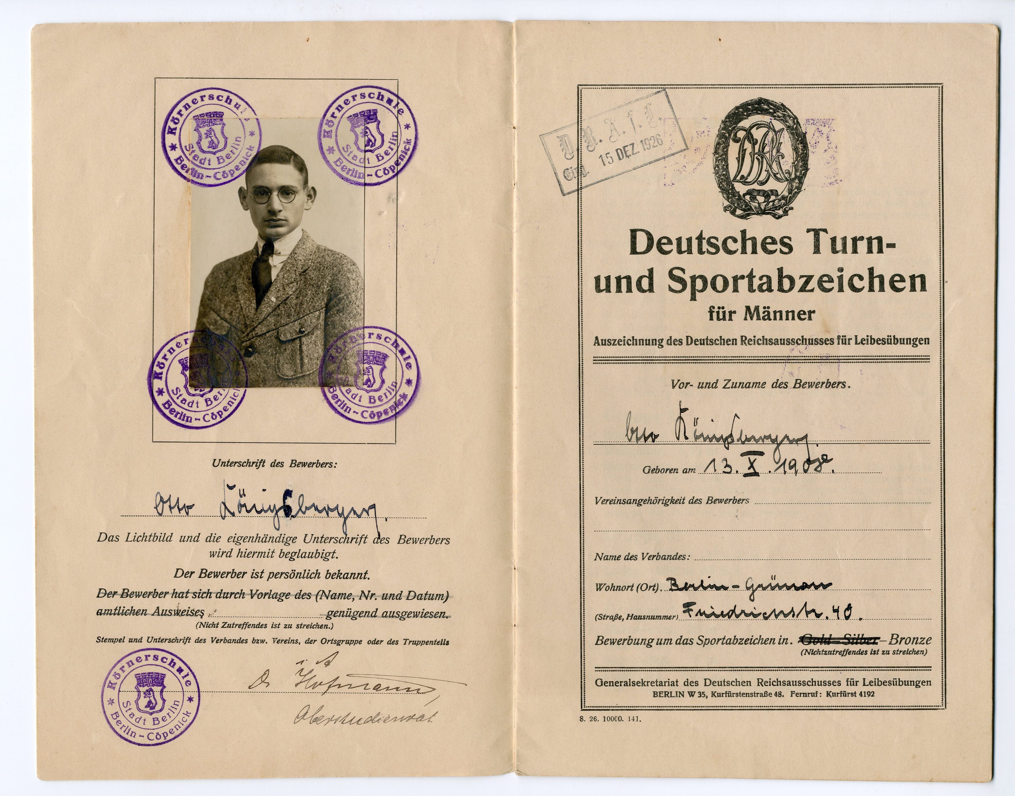 Otto Koenigsberger. Deutsches Turnund Sportabzeichen certification, 1926. AA Archives: OK 4.