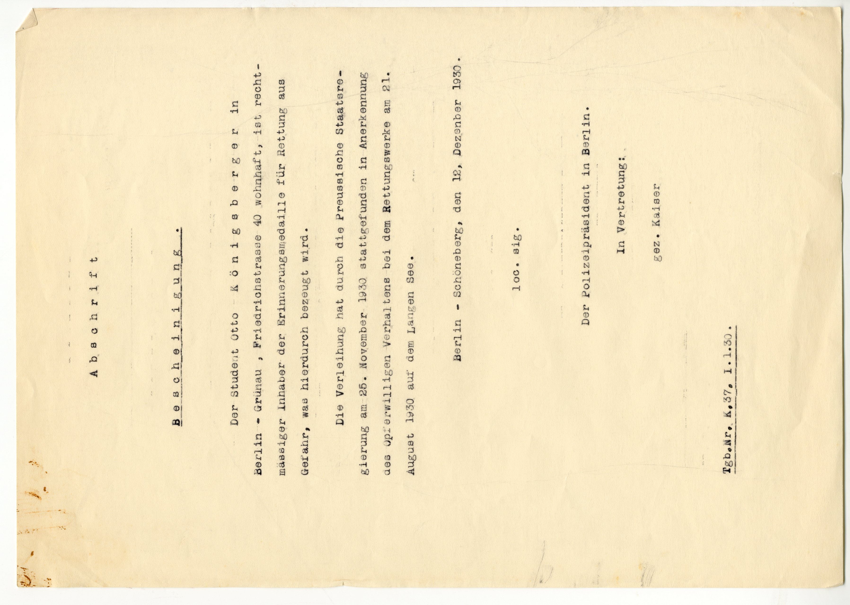 Otto Koenigsberger. Official note certifying award of the medal for 'Rettung Aus Gefahr' to Otto Koenigsberger, 1930. Credit: AA Archives: OK4