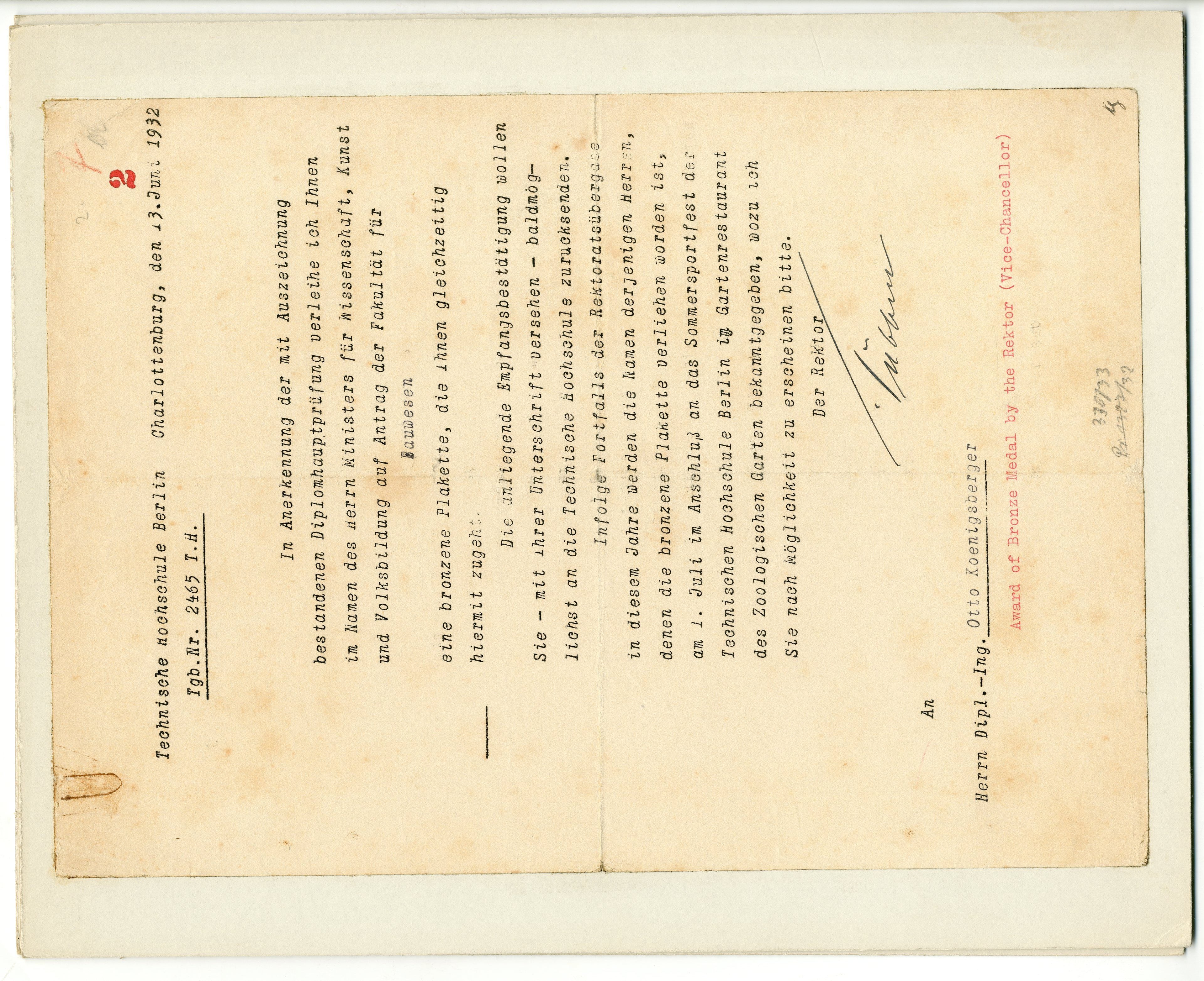 Otto Koenigsberger.  Album detailing Otto Koenigberger's career, 1932-c1950: Award of Bronze Medal from the Technische Hochschule Berlin, 1932. Credit: AA Archives: OK5