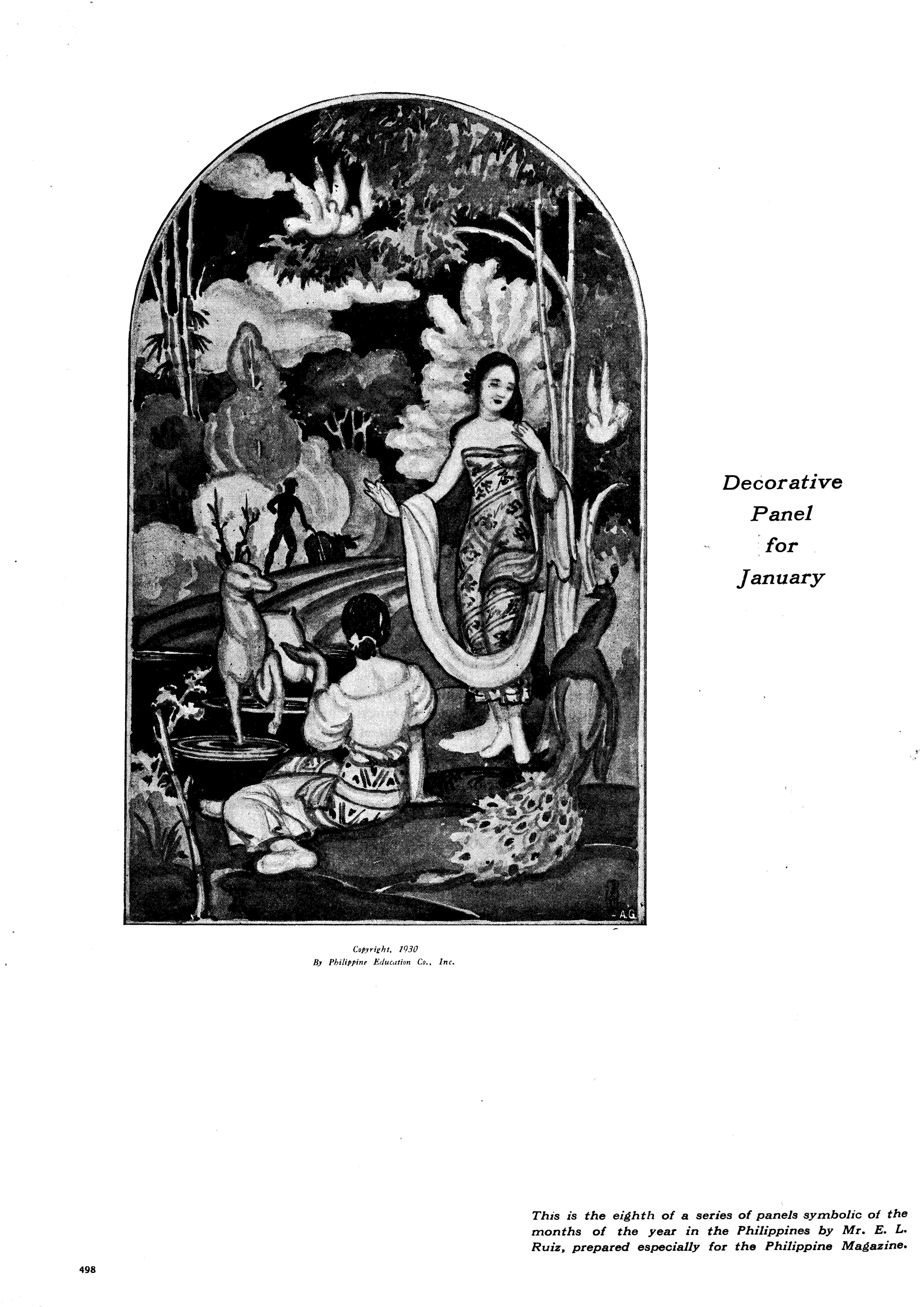 Mural depicting a central figure with a feathered headdress, surrounded by smaller figures and intricate forest details.