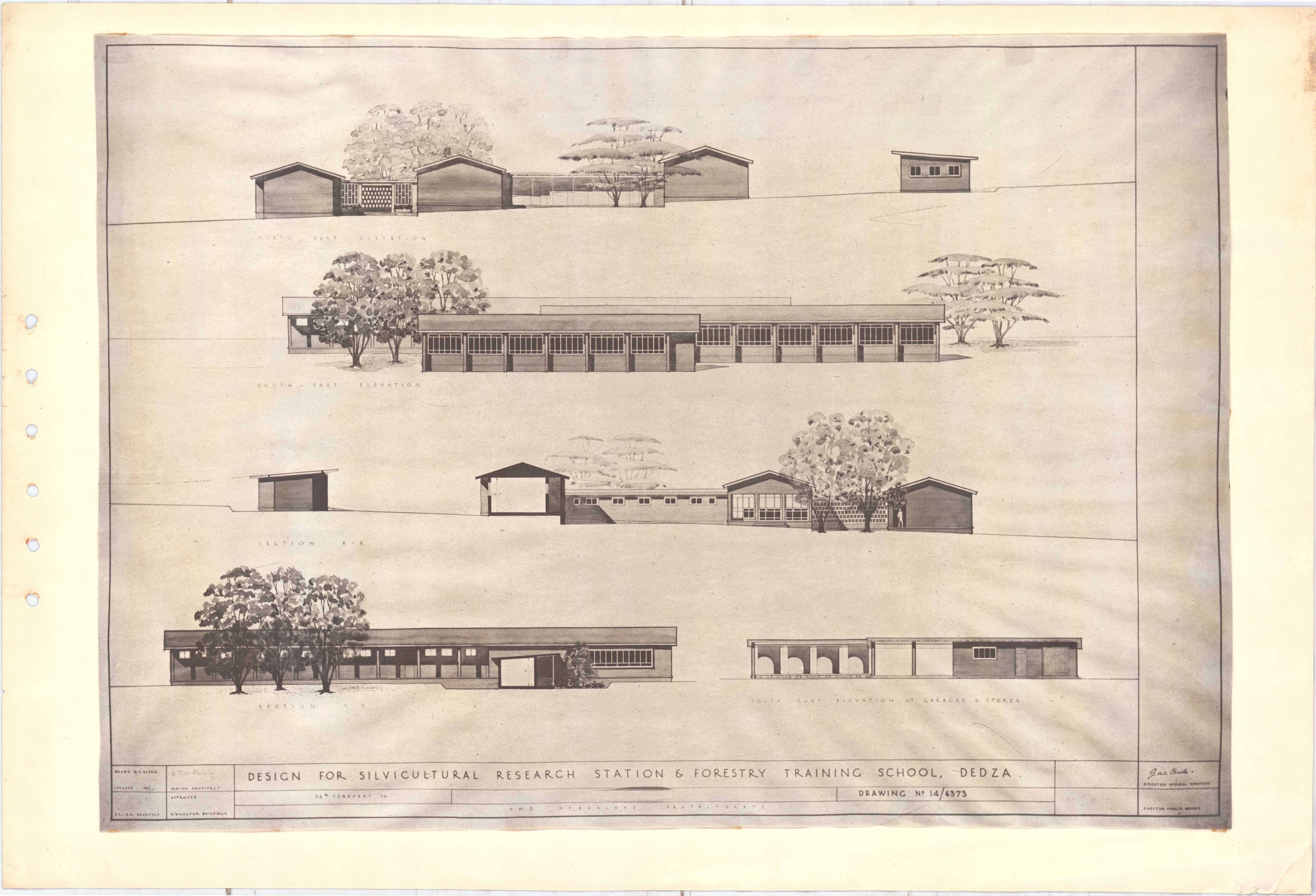 Architectural drawings of various small, single-story buildings and structures, some with trees.