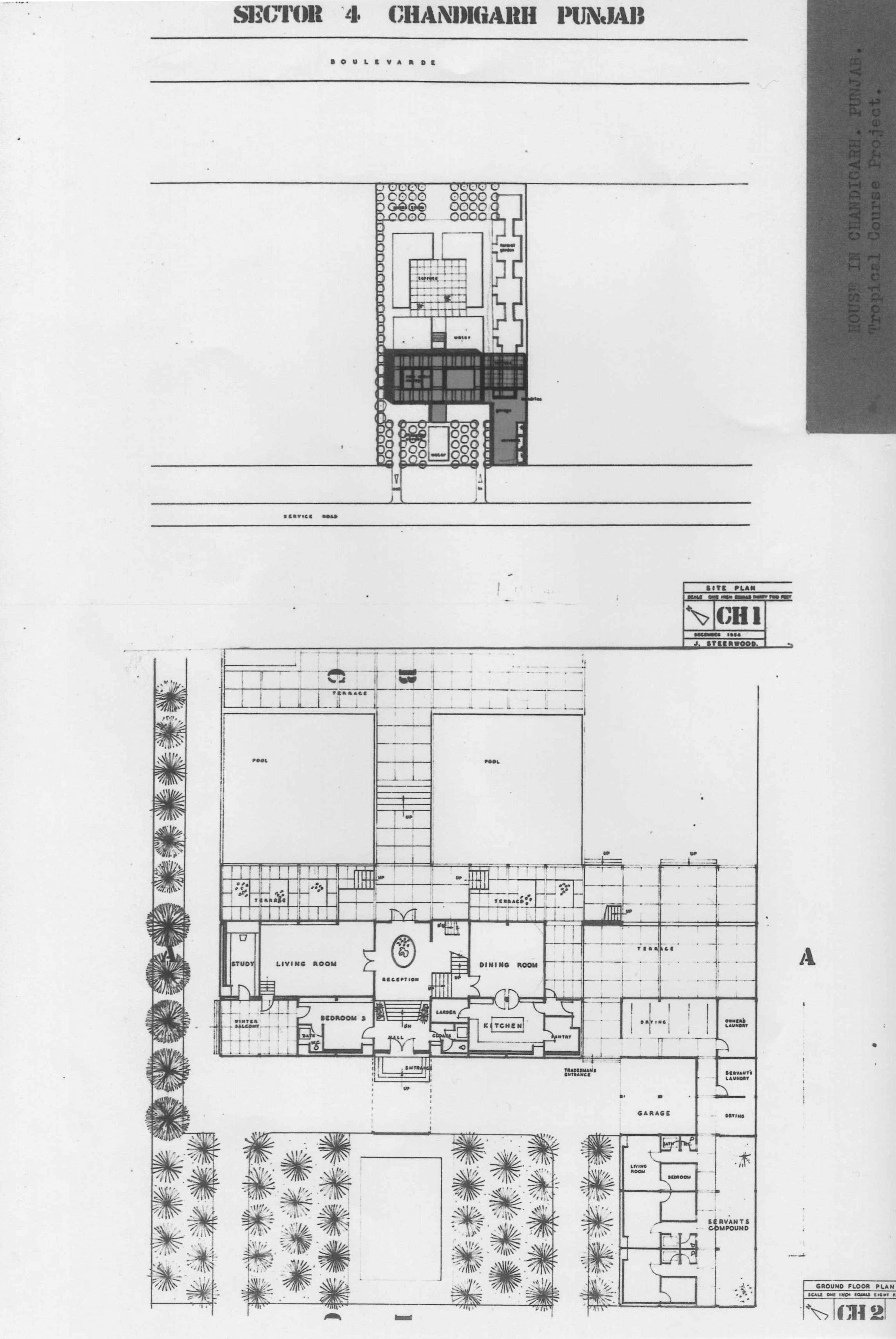 John Steerwood, 'House at Chandigarh', AA Department of Tropical Architecture, 1954-55. Site plan and ground floor plan.