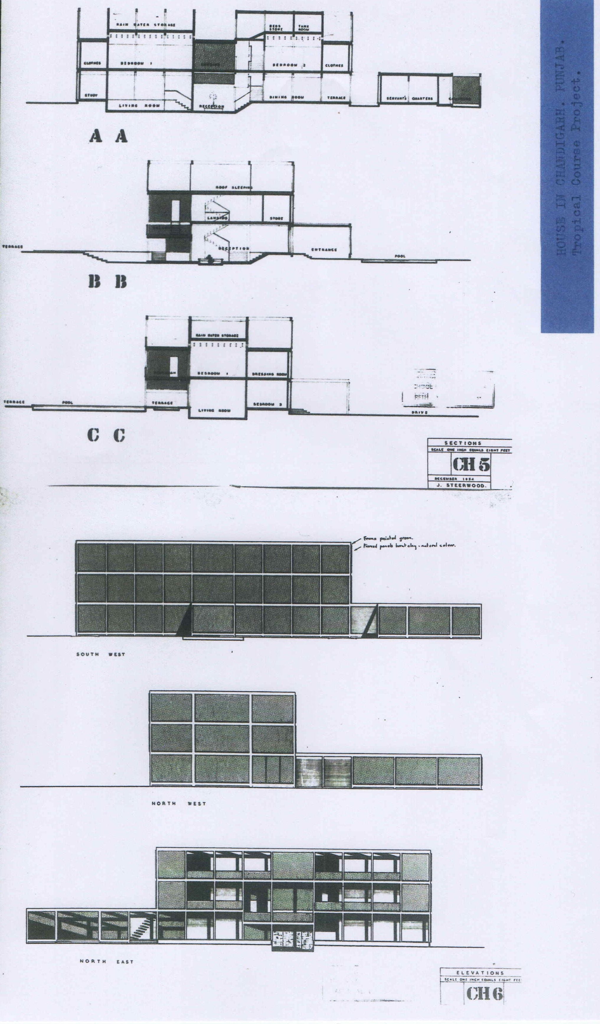 John Steerwood, 'House at Chandigarh', AA Department of Tropical Architecture, 1954-55. Site plan and ground floor plan.
