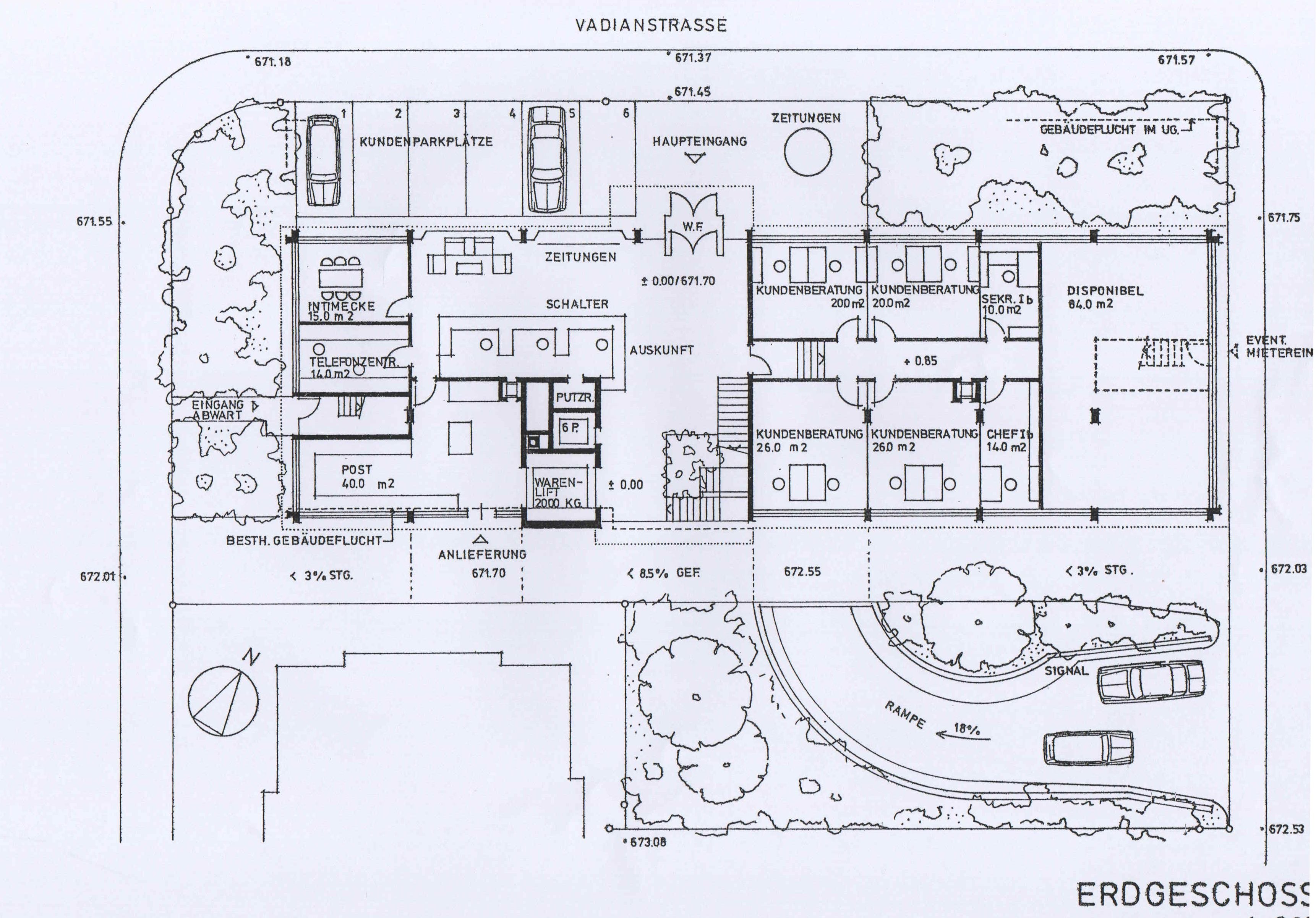 John Steerwood (for Danzeisen + Voser), Publicitas Branch Office, St Gallen, Switzerland, 1979. Ground floor plan.