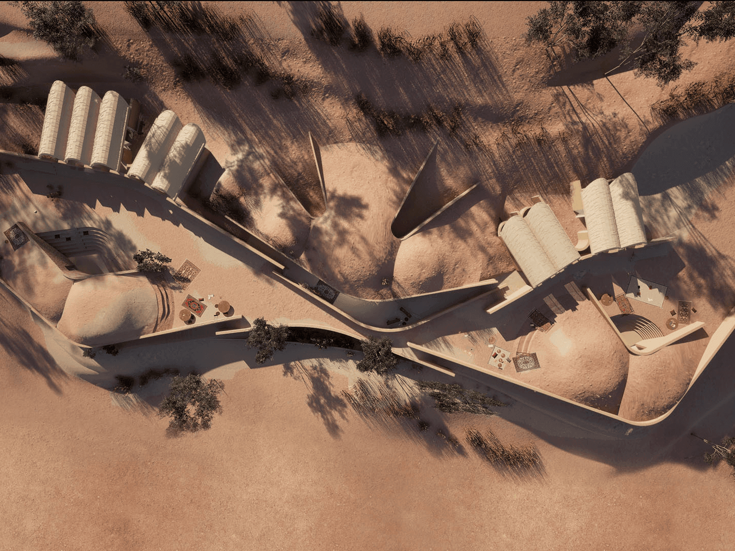 Aerial view of an architectural render of a group of buildings in a desert setting