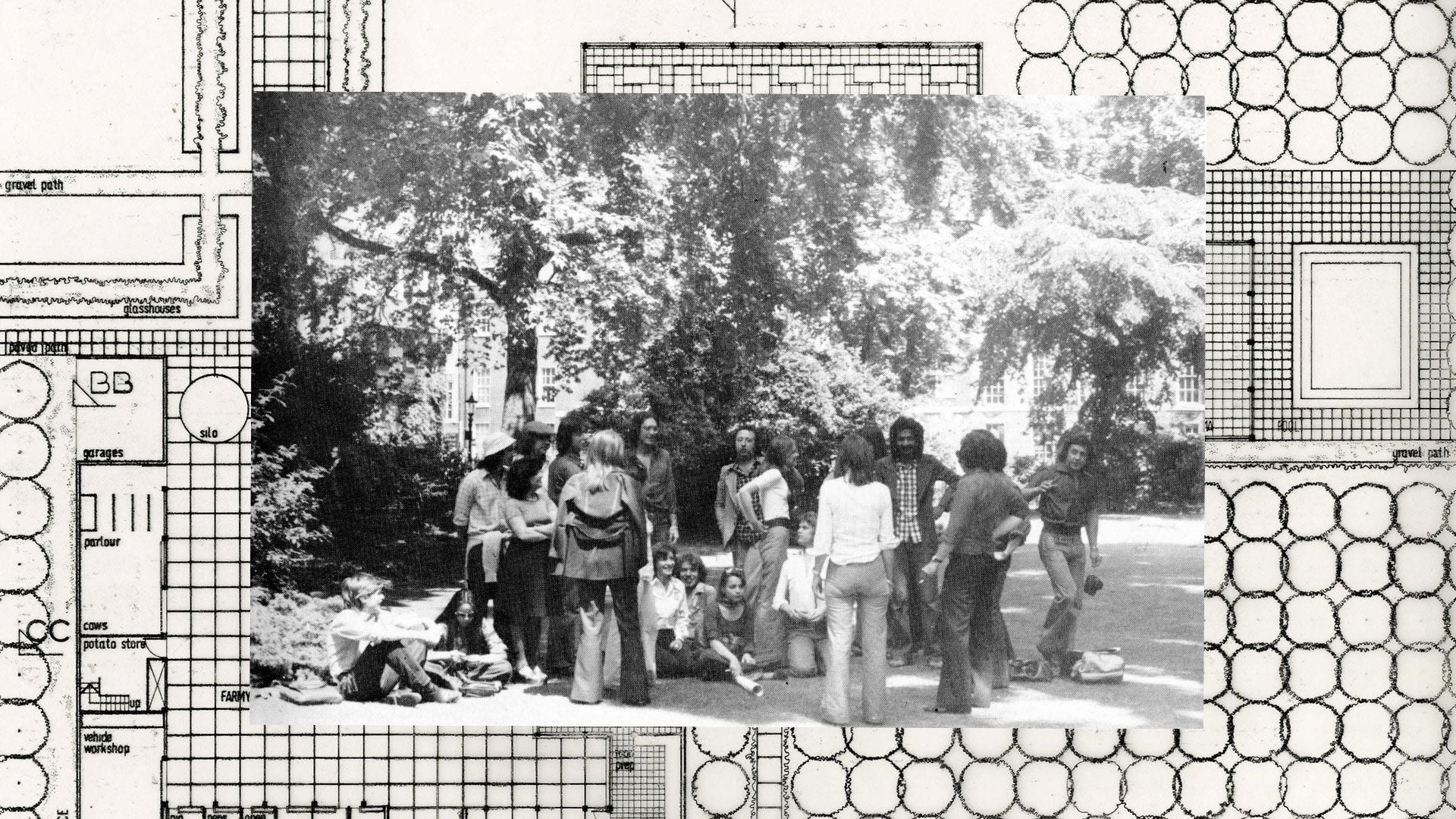 Image: Group photo of Unit 2 featured in Projects Review 1974-75, overlaid on a drawing by John Kerr from 1975. 