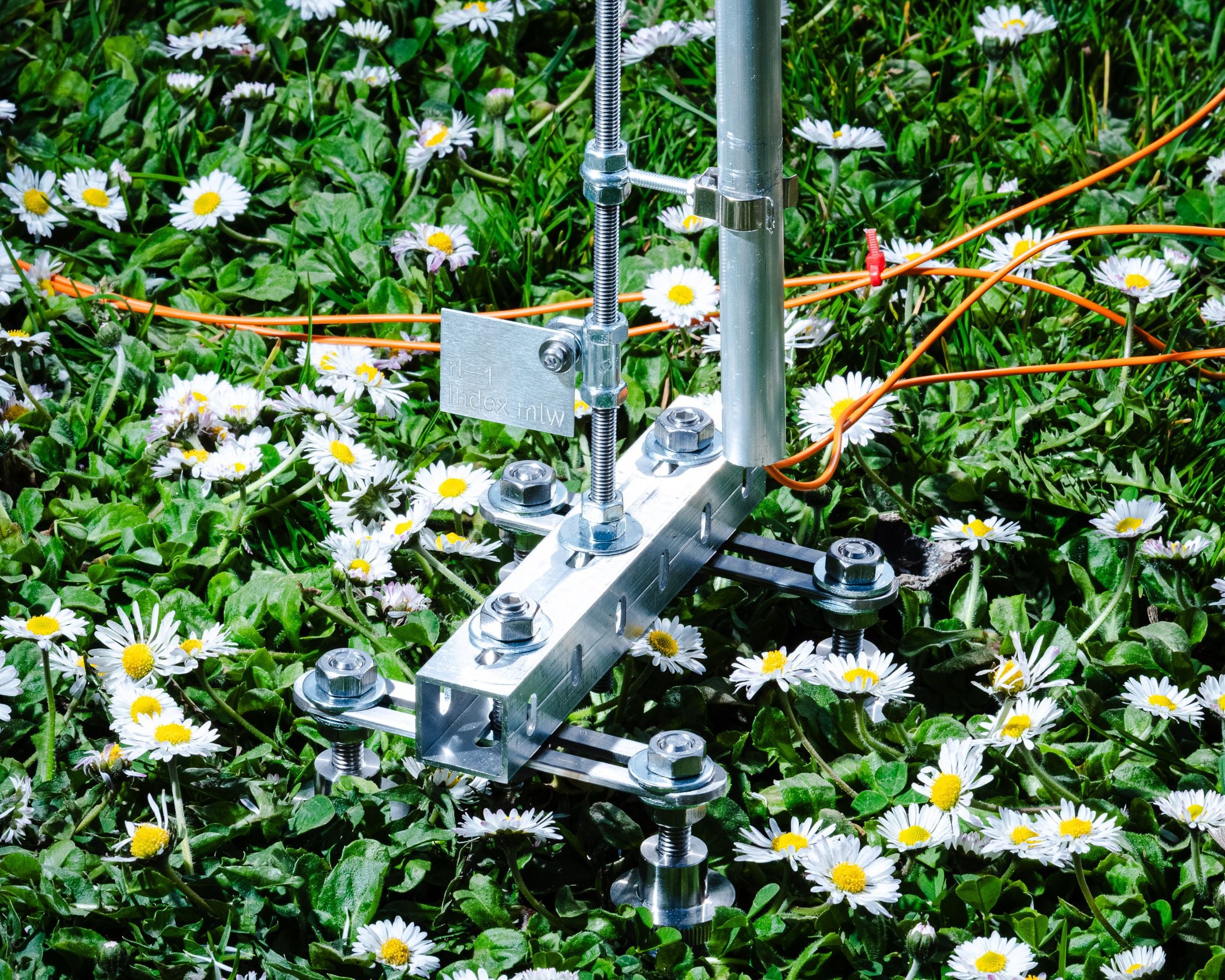 A metal bar with nuts and bolts and orange wires sits against a field of grass and daisies.